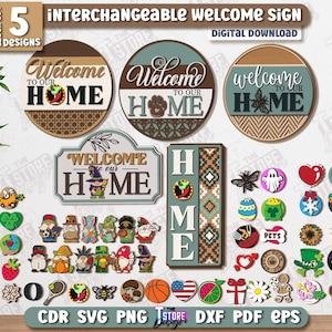 Interchangeable welcome signs laser cut bundle, seasonal round door sign svg, home door hanger svg, front door signs, farmhouse home decor