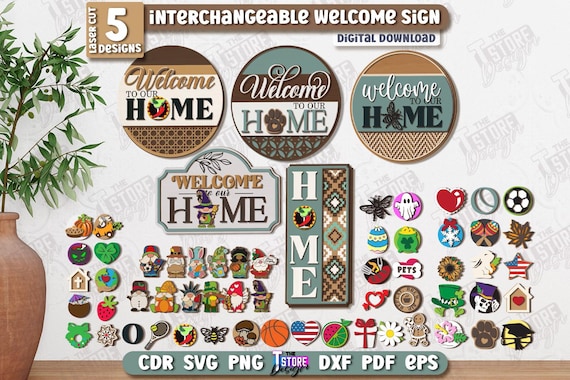 Interchangeable welcome signs laser cut bundle, seasonal round door sign svg, home door hanger svg, front door signs, farmhouse home decor