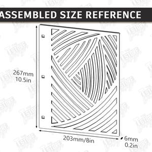 May include: A black and white diagram showing an assembled size reference for a decorative panel. The panel is 10.5 inches tall, 8 inches wide, and 0.2 inches thick. The design features a series of intersecting lines. The text "ASSEMBLED SIZE REFERENCE" is at the top.