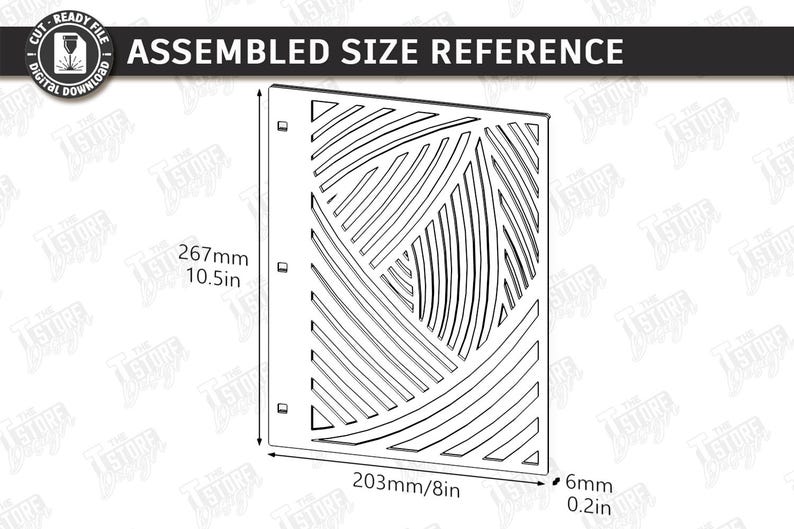 May include: A black and white diagram showing an assembled size reference for a decorative panel. The panel is 10.5 inches tall, 8 inches wide, and 0.2 inches thick. The design features a series of intersecting lines. The text "ASSEMBLED SIZE REFERENCE" is at the top.