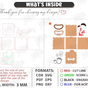 May include: Digital cut file with various shapes and components for crafting. Includes text "WHAT'S INSIDE" and "Thank you for choosing my design!" with a heart symbol. Formats include CDR, SVG, PDF, EPS, PNG, and DXF. Material width is 3 mm.