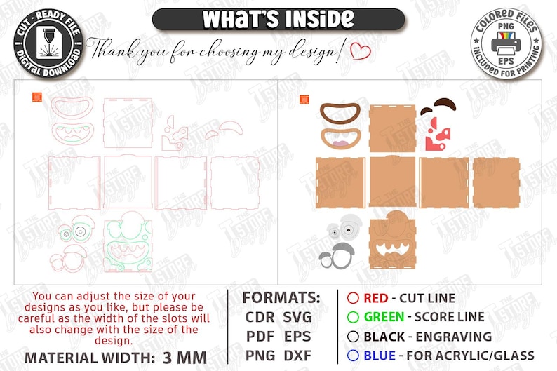 May include: Digital cut file with various shapes and components for crafting. Includes text "WHAT'S INSIDE" and "Thank you for choosing my design!" with a heart symbol. Formats include CDR, SVG, PDF, EPS, PNG, and DXF. Material width is 3 mm.