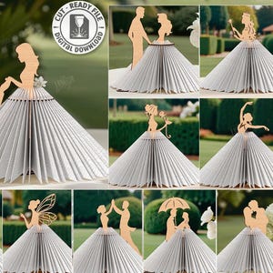 Puede incluir: Una colección de adornos para tartas de boda y figuras decorativas de madera cortadas con láser. Los adornos presentan varios diseños, incluyendo parejas y bailarines, sobre una falda de papel plisado. La imagen incluye el texto "CUT READY FILE DIGITAL DOWNLOAD".