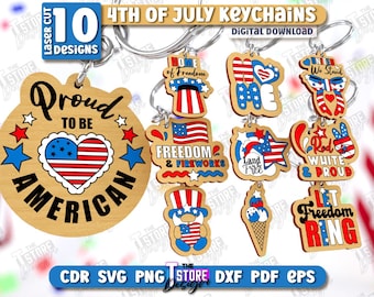 4. Juli Schlüsselanhänger Laser Cut Bundle, Vaterländische Schlüsselanhänger SVG, Amerikanische Stars und Streifen SVG, Gedenktag, gravierte Holzschlüsselring SVG