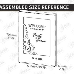 May include: A laser-cut wedding welcome sign with the text "Welcome to the Wedding of Emily & James" and the date 01.05.2026. The sign is 27.8 inches tall, 19.7 inches wide, and 2.7 inches deep.