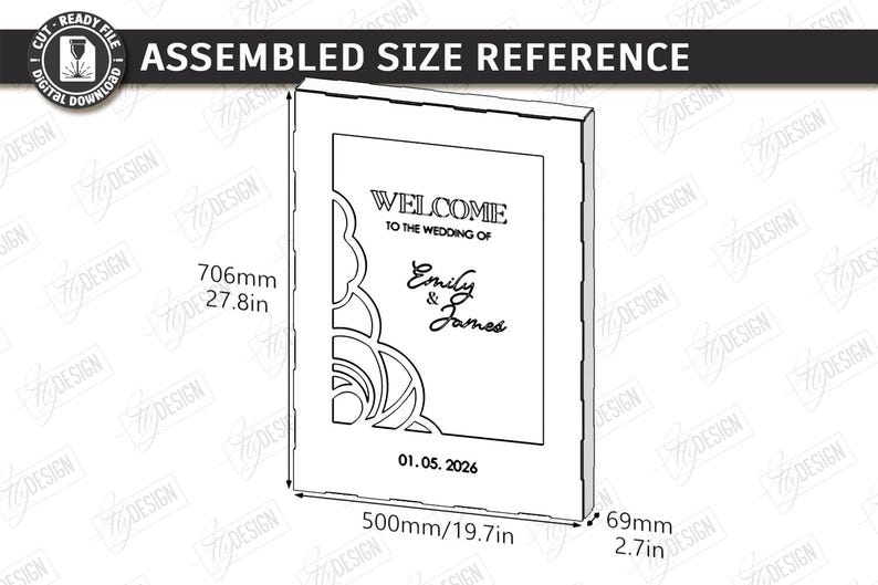 May include: A laser-cut wedding welcome sign with the text "Welcome to the Wedding of Emily & James" and the date 01.05.2026. The sign is 27.8 inches tall, 19.7 inches wide, and 2.7 inches deep.