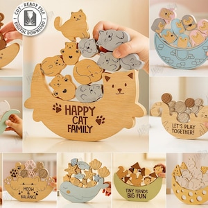Pode incluir: Designs de corte a laser em madeira com vários brinquedos de equilíbrio com temas de animais. Os designs incluem macacos, gatos e outros animais em uma variedade de formas e tamanhos. Cada design tem uma frase única, como "Stay Pawsitive!" e "Happy Cat Family."