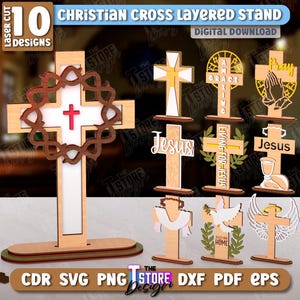 Christian Cross Layered Stand Laser Cut Bundle, Religious Sign, Christian Symbols, Table Top Cross, Wooden Layered Cross, Easter Cross Stand