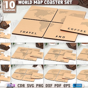 May include: A set of ten laser-cut wooden coasters. The coasters feature world map designs and phrases like "Travel" and "Coffee." Each coaster is 3mm thick, approximately 1/8 inch. The set includes puzzle-shaped coasters.
