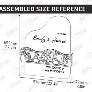 May include: A laser-cut wedding sign with dimensions of 27.5 inches high, 22.4 inches wide, and 2.8 inches deep. The sign features the names "Emily & James" and the date "01.05.2026". It includes the text "WELCOME to our WEDDING".