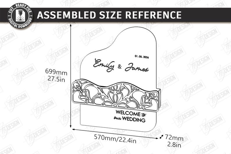 May include: A laser-cut wedding sign with dimensions of 27.5 inches high, 22.4 inches wide, and 2.8 inches deep. The sign features the names "Emily & James" and the date "01.05.2026". It includes the text "WELCOME to our WEDDING".
