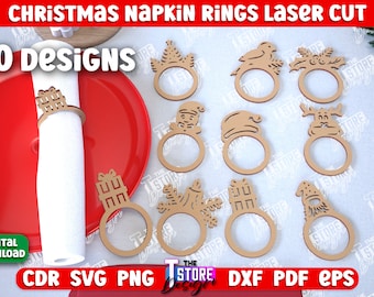 Puede incluir: Diez diseños de anillos para servilletas de Navidad cortados con láser. Los diseños incluyen un muñeco de nieve, un reno, un pájaro, un árbol de Navidad, un regalo, un gorro de Papá Noel, un gnomo y una rama de acebo. Los anillos son de madera y están listos para ser pintados o teñidos.