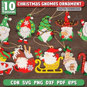 Peut inclure: Dix ornements de Noël en forme de gnomes découpés au laser, chacun avec un design unique. Les gnomes ont des barbes blanches, des vêtements rouges et verts et des décorations festives. Le texte "CHRISTMAS GNOMES ORNAMENT" est visible en haut.