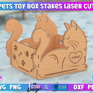 May include: Laser cut wooden toy box shaped like a cat with paw prints and a heart that says "NAME". The box is 3 mm thick and is designed for pet toys.