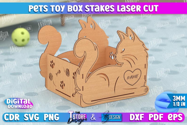 May include: Laser cut wooden toy box shaped like a cat with paw prints and a heart that says "NAME". The box is 3 mm thick and is designed for pet toys.