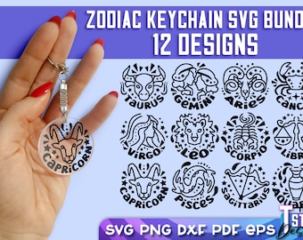 May include: A set of 12 black and white zodiac sign SVG keychain designs. Each design features a different zodiac symbol in a circle with stars around it. The designs are perfect for creating custom keychains, jewellery, or other crafts.