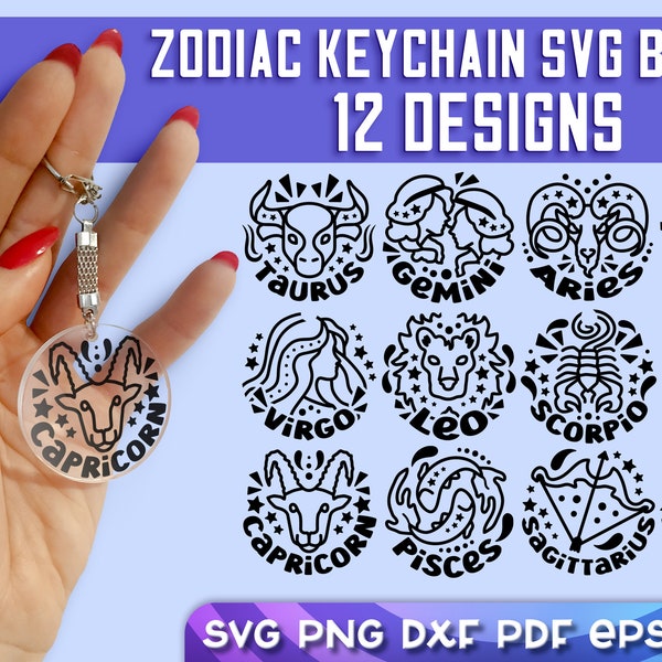 Zodiac Signs Keychain SVG Bundle | Astrology Signs SVG | Round Horoscopes Keychain v.2