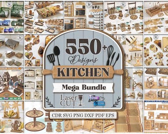 Mega paquete de corte láser 3D para cocina, decoración del hogar, 550 diseños de decoración de cocina, servilleteros SVG, bandejas para servir, posavasos de madera, frases de cocina SVG