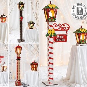 May include: A collection of five laser-cut lamp post and lantern designs featuring red, white, and green colour schemes with holiday motifs. The digital files include text reading Merry Christmas, with a specified material width of 6mm for the projects.