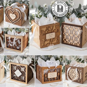 Może przedstawiać: Kolekcja drewnianych pudełek na prezenty wycinanych laserowo z różnymi wzorami dekoracyjnymi, w tym sercami, wzorami kwiatowymi i geometrycznymi kształtami. Każde pudełko jest wypełnione białą bibułą i ma uchwyt z wstążki. Obraz zawiera również tekst "CUT READY FILE DIGITAL DOWNLOAD".