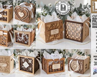 Conjunto de mini caixas de presente de madeira 3D cortadas a laser, caixas de presente personalizadas em SVG, cesto de armazenamento de madeira em SVG, suporte para garrafa de vinho em SVG, caixas florais em SVG