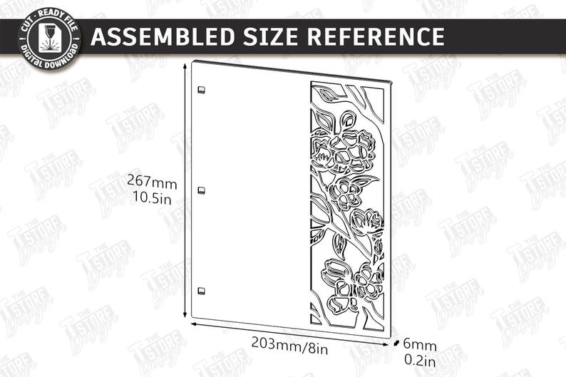 May include: A black and white diagram showing an assembled size reference. The design is a square with a floral cutout on the right side. The dimensions are 10.5 inches high, 8 inches wide, and 0.2 inches thick. The text reads "ASSEMBLED SIZE REFERENCE".