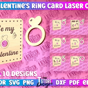 バレンタインデー リング カード SVG | パンチアウト リング カード | 木製指輪レーザーカット SVG バンドル | 木製バレンタイン指輪 SVG デザイン
