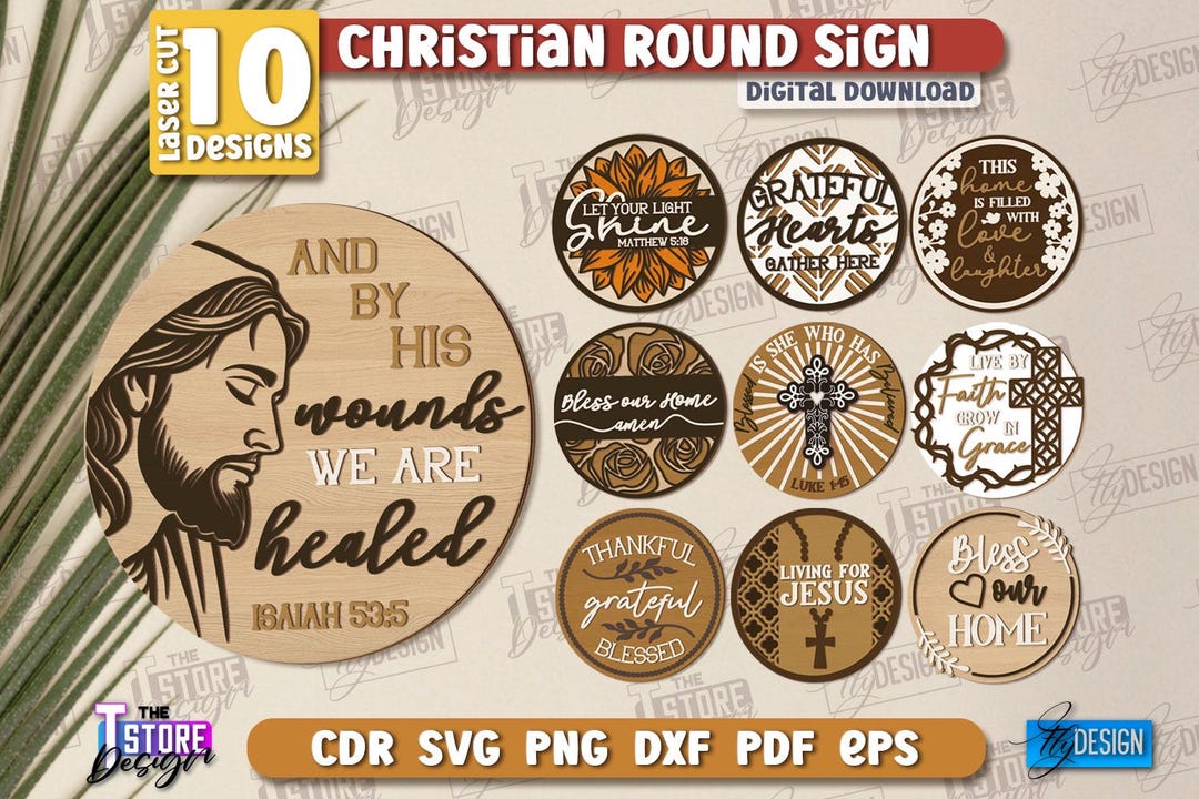 Christian Round Sign Laser Cut Bundle, Religious Round Door Hangers SVG ...