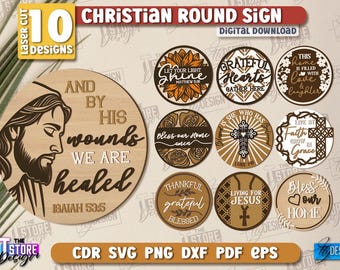 Christian Round Sign Laser Cut Bundle, Religious Round Door Hangers SVG, Round Layered Hanging Sign SVG, Home Decor, Welcome Front Door Sign
