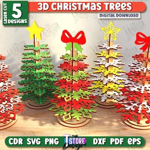 May include: Five laser-cut 3D Christmas trees in various designs. Each tree is approximately 3mm (1/8 in) thick and features a wooden base, with red, green, yellow, and white snowflake-like ornaments. Some trees are topped with a star or a bow.