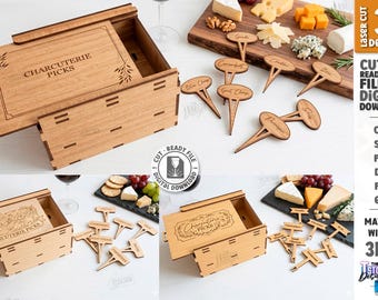 Palitos para Charcutaria em SVG - Conjunto de Marcadores de Queijo Cortados a Laser - Etiquetas para Tábua de Charcutaria - Palitos de Madeira para Alimentos - Decoração para Servir e Receber