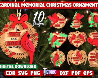 Adornos navideños conmemorativos de cardenal 3D cortados con láser, adorno navideño redondo de cardenal, adornos navideños SVG, archivos CNC, pájaro rojo