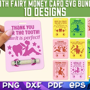 Tarjeta de dinero de hada de los dientes Paquete SVG / Archivos de corte de soporte de dinero / Diseño de hada de los dientes