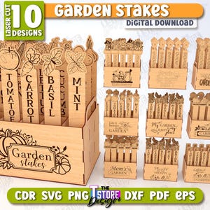 Pacchetto di picchetti da giardino tagliati al laser, supporto per picchetti da giardino 3D SVG, marcatori per piante in legno SVG, decorazioni da giardino, cartelli da giardino, marcatori per nomi di verdure