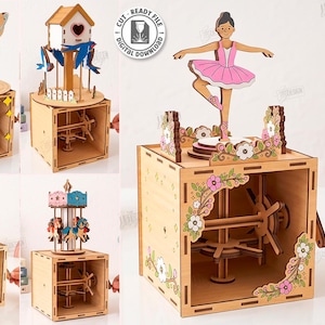 Puede incluir: Una colección de cinco diseños de cajas de música mecánicas de madera cortadas con láser que incluyen una bailarina, un sistema solar, una pajarera, un tren y un carrusel. Cada caja está hecha de material de 3mm e incluye archivos digitales.