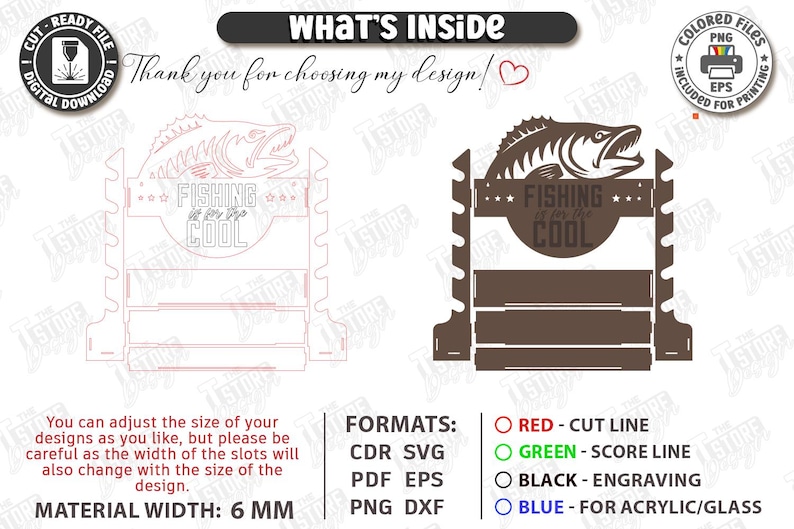 May include: A digital design for a fishing-themed display, featuring a fish silhouette and the text "FISHING is for the COOL." The design includes cut lines, score lines, and engraving options. Material width is 6 mm.