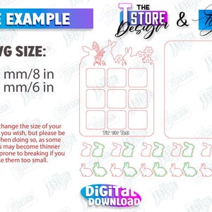 May include: A digital download design for a tic-tac-toe game with a bunny theme. The design includes a grid for the game, bunnies, flowers, and the text "Tic Tac Toe". The design is approximately 20 cm by 15 cm.