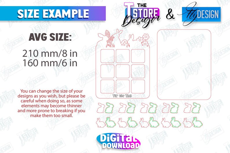 May include: A digital download design for a tic-tac-toe game with a bunny theme. The design includes a grid for the game, bunnies, flowers, and the text "Tic Tac Toe". The design is approximately 20 cm by 15 cm.