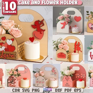 Puede incluir: Una colección de 10 portadores de pasteles y flores cortados con láser en varios diseños. Cada portador presenta un asa, recortes decorativos y espacio para un pastel pequeño y flores. Los diseños incluyen corazones, cupidos y la palabra "Love". El texto "3MM" y "10 designs" es visible.