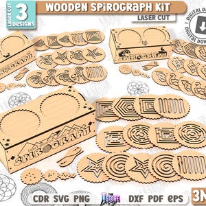 May include: A wooden Spirograph kit with laser-cut designs. The kit includes three boxes, various circular stencils with geometric patterns, and the text "Wooden Spirograph Kit". The kit is made of light brown wood.