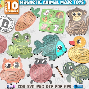 3D magnetiska djurlabyrintleksaker för barn laserskurna paket, 3D djurlabyrintspel, barnlabyrintpussel, labyrintspel svg, montessori, pedagogisk leksak