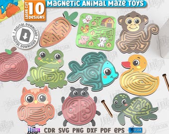May include: A collection of ten laser-cut magnetic animal maze toys. The set includes a carrot, a farm scene, a monkey, an apple, a frog, a fish, a duck, an owl, a ladybug, and a turtle. Each toy features a maze design. The text "MAGNETIC ANIMAL MAZE TOYS" is at the top.