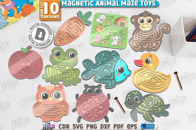 May include: A collection of ten laser-cut magnetic animal maze toys. The set includes a carrot, a farm scene, a monkey, an apple, a frog, a fish, a duck, an owl, a ladybug, and a turtle. Each toy features a maze design. The text "MAGNETIC ANIMAL MAZE TOYS" is at the top.