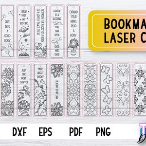 K&ouml;nnte beinhalten: Ein Set mit 16 schwarz-wei&szlig;en Lesezeichen-Designs mit verschiedenen Zitaten und Illustrationen. Die Designs sind bereit zum Laserschneiden und beinhalten eine Vielzahl von Themen, wie Lesen, Tee und Katzen.