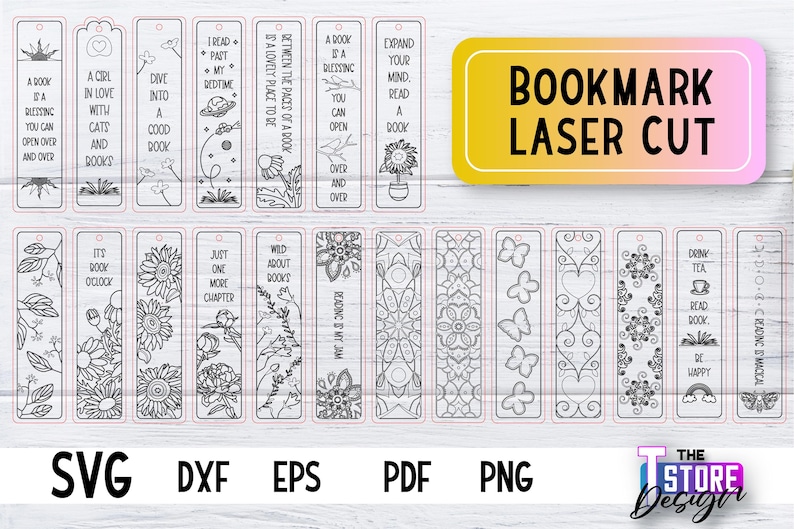 K&ouml;nnte beinhalten: Ein Set mit 16 schwarz-wei&szlig;en Lesezeichen-Designs mit verschiedenen Zitaten und Illustrationen. Die Designs sind bereit zum Laserschneiden und beinhalten eine Vielzahl von Themen, wie Lesen, Tee und Katzen.