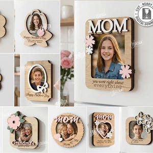 May include: A collection of ten wooden photo frames in various shapes, including floral and scalloped designs. Each frame features a cutout for a photo and decorative elements, with text such as "MOM" and "Happy Mother's Day."