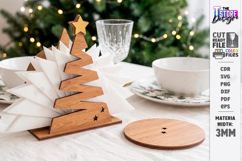 May include: A wooden napkin holder shaped like a stylized Christmas tree with a gold star topper and two small star cutouts at the base, holding white napkins, accompanied by a circular wooden coaster with two small star cutouts, 3mm material width.