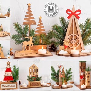 Op de afbeelding: Een collectie van tien lasergesneden houten kerst-theelichthouderontwerpen met diverse motieven zoals rendieren, bomen, huizen en de kerstman. De digitale bestanden bevatten SVG, PNG, DXF, PDF en EPS voor een materiaaldikte van 3mm.