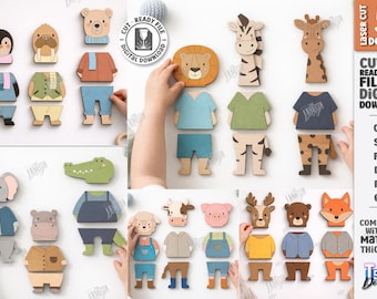 Animal en bois habiller Puzzle SVG - jouet pour enfants découpé au Laser - jeu d'association Montessori - jouet d'apprentissage bricolage - activité pour tout-petits svg