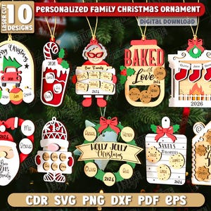 May include: A collection of ten personalized family Christmas ornaments in various designs. Each ornament is laser cut and features festive elements like a car, Santa, cookies, and a fireplace. The ornaments are made of wood and have space for names and the year.